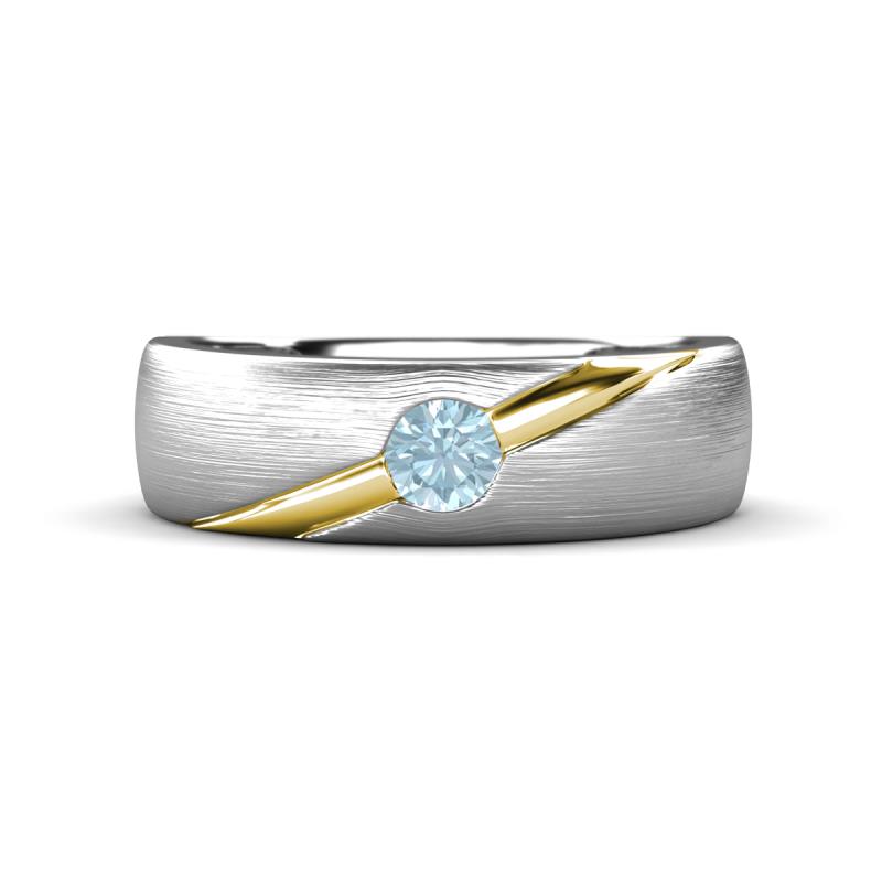 Ekon 1/7 ct Round Aquamarine Brushed Satin Finish Solitaire Men Wedding Band (5 mm) 