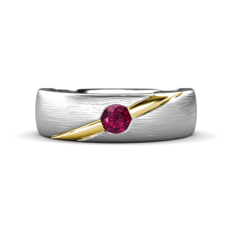 Ekon 1/6 ct Round Rhodolite Garnet Brushed Satin Finish Solitaire Men Wedding Band (5 mm) 