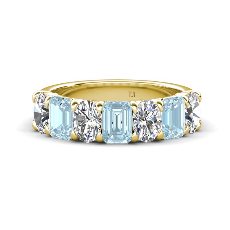 Zuwena 3.50 ctw Lab Grown Diamond Oval Shape (6x4 mm) & Aquamarine Emerald Shape (6x4 mm) Seven Stone Wedding Band 
