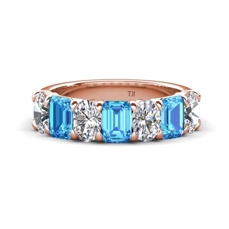 Zuwena 4.10 ctw Lab Grown Diamond Oval Shape (6x4 mm) & Blue Topaz Emerald Shape (6x4 mm) Seven Stone Wedding Band 