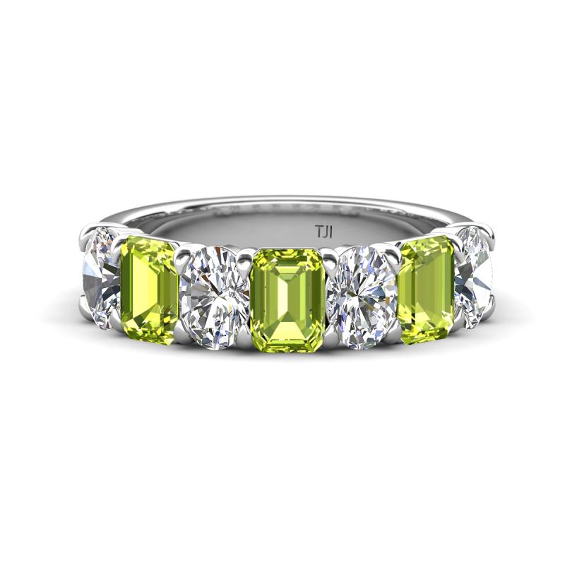 Zuwena 4.10 ctw Lab Grown Diamond Oval Shape (6x4 mm) & Peridot Emerald Shape (6x4 mm) Seven Stone Wedding Band 