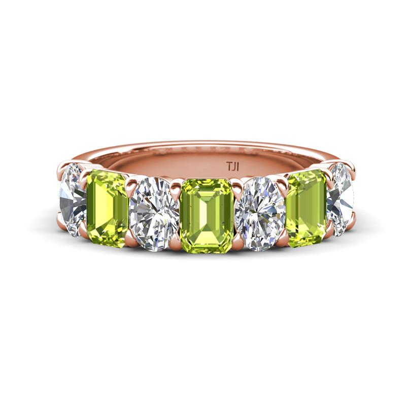Zuwena 4.10 ctw Lab Grown Diamond Oval Shape (6x4 mm) & Peridot Emerald Shape (6x4 mm) Seven Stone Wedding Band 
