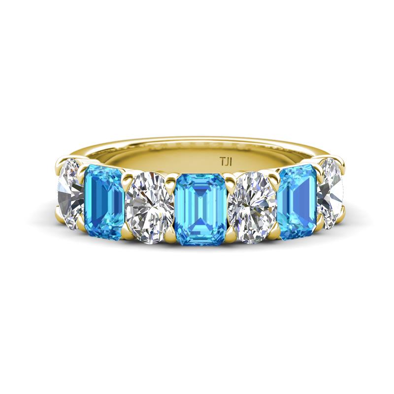 Zuwena 4.10 ctw Lab Grown Diamond Oval Shape (6x4 mm) & Blue Topaz Emerald Shape (6x4 mm) Seven Stone Wedding Band 