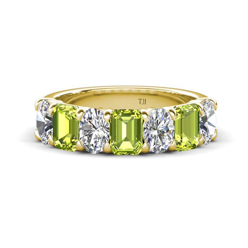 Zuwena 4.10 ctw Lab Grown Diamond Oval Shape (6x4 mm) & Peridot Emerald Shape (6x4 mm) Seven Stone Wedding Band 