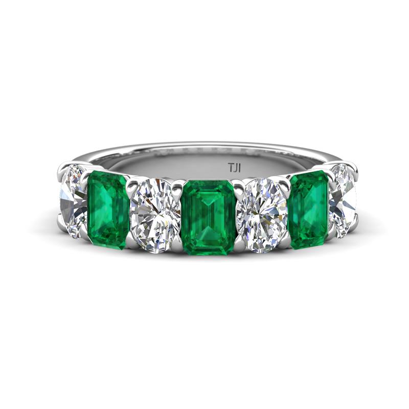 Zuwena 3.65 ctw Lab Grown Diamond Oval Shape (6x4 mm) & Lab Created Emerald Emerald Shape (6x4 mm) Seven Stone Wedding Band 