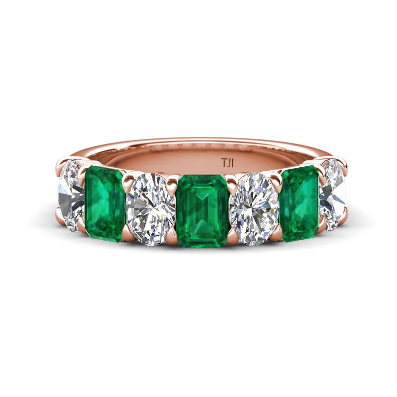 Zuwena 3.65 ctw Lab Grown Diamond Oval Shape (6x4 mm) & Lab Created Emerald Emerald Shape (6x4 mm) Seven Stone Wedding Band 