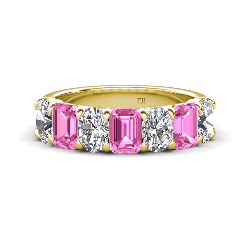 Zuwena 4.43 ctw Lab Grown Diamond Oval Shape (6x4 mm) & Lab Created Pink Sapphire Emerald Shape (6x4 mm) Seven Stone Wedding Band 