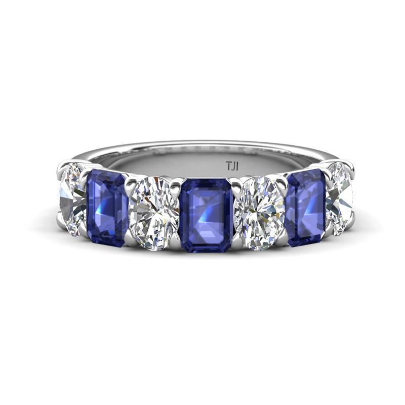 Zuwena 3.65 ctw Lab Grown Diamond Oval Shape (6x4 mm) & Iolite Emerald Shape (6x4 mm) Seven Stone Wedding Band 