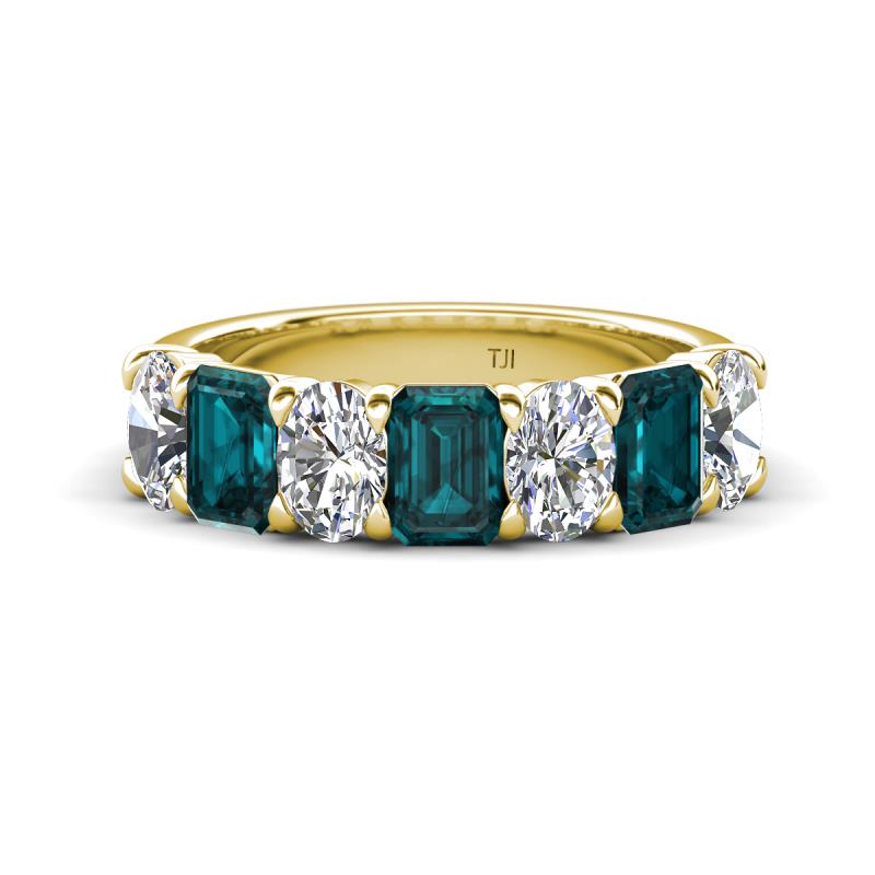 Zuwena 4.10 ctw Lab Grown Diamond Oval Shape (6x4 mm) & London Blue Topaz Emerald Shape (6x4 mm) Seven Stone Wedding Band 