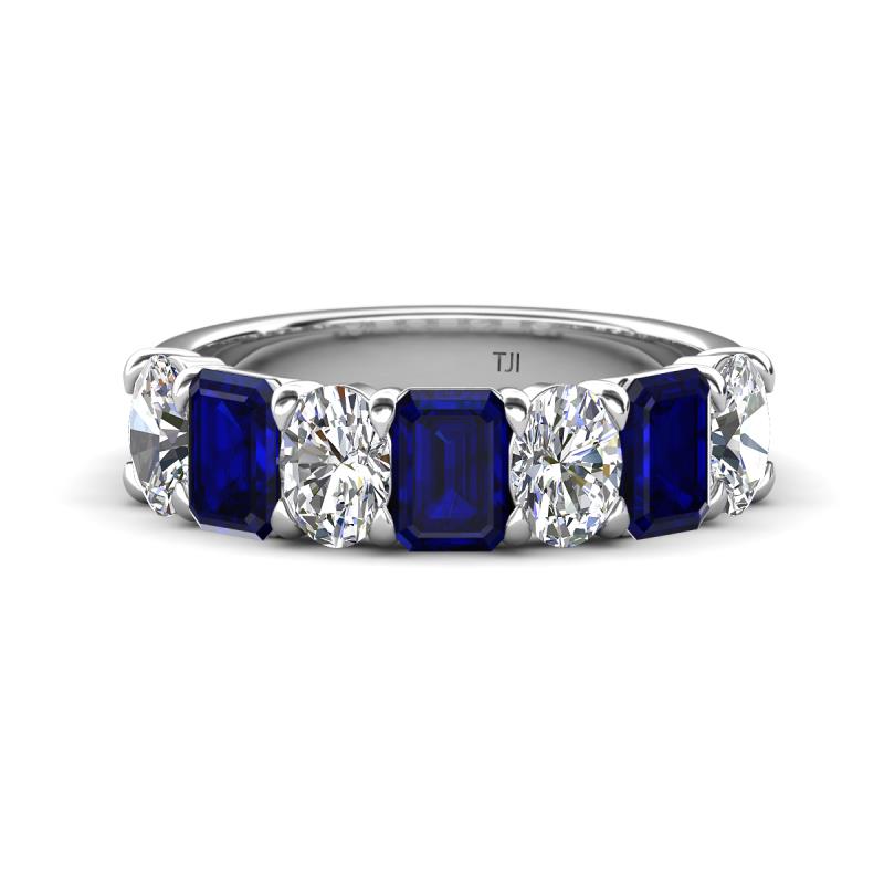 Zuwena 3.70 ctw Natural Diamond Oval Shape (6x4 mm) & Blue Sapphire Emerald Shape (6x4 mm) Seven Stone Wedding Band 