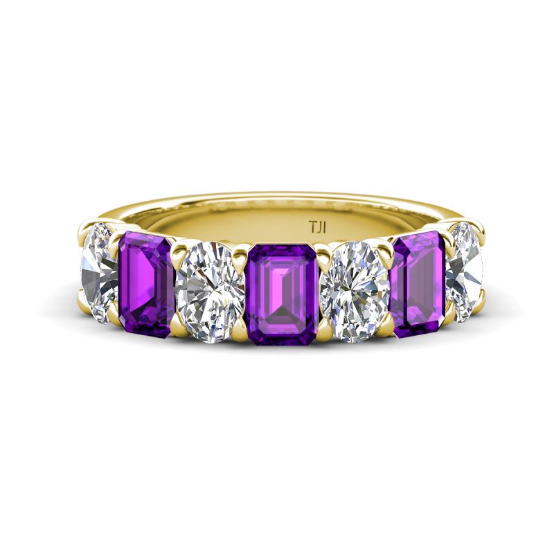Zuwena 3.40 ctw Natural Diamond Oval Shape (6x4 mm) & Amethyst Emerald Shape (6x4 mm) Seven Stone Wedding Band 