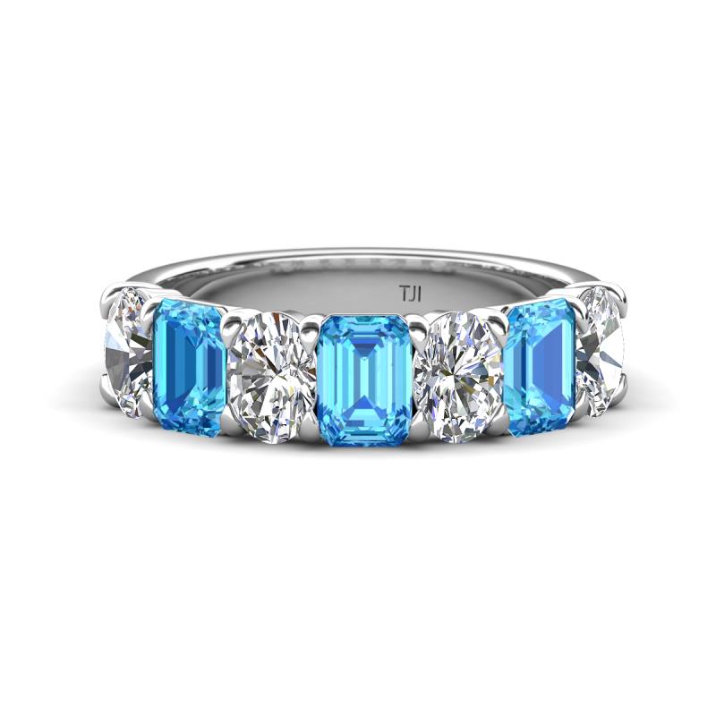 Zuwena 3.70 ctw Natural Diamond Oval Shape (6x4 mm) & Blue Topaz Emerald Shape (6x4 mm) Seven Stone Wedding Band 