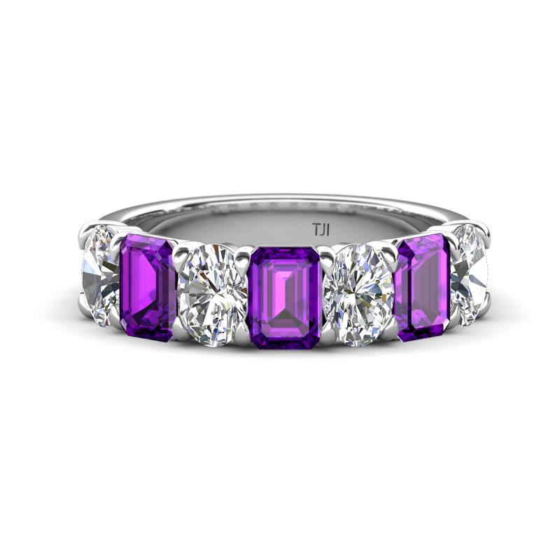Zuwena 3.40 ctw Natural Diamond Oval Shape (6x4 mm) & Amethyst Emerald Shape (6x4 mm) Seven Stone Wedding Band 