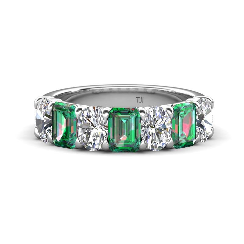 Zuwena 4.03 ctw Natural Diamond Oval Shape (6x4 mm) & Lab Created Alexandrite Emerald Shape (6x4 mm) Seven Stone Wedding Band 