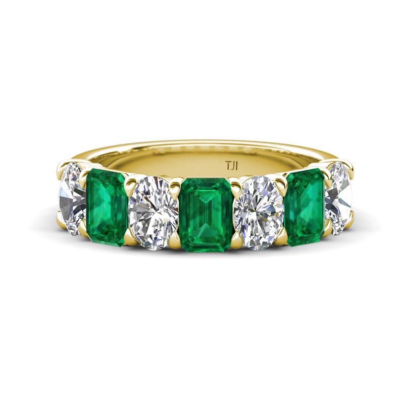 Zuwena 3.10 ctw Natural Diamond Oval Shape (6x4 mm) & Emerald Emerald Shape (6x4 mm) Seven Stone Wedding Band 