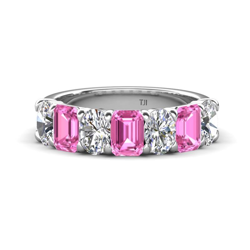 Zuwena 3.40 ctw Natural Diamond Oval Shape (6x4 mm) & Pink Sapphire Emerald Shape (6x4 mm) Seven Stone Wedding Band 