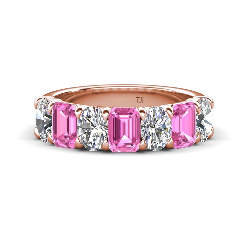 Zuwena 3.40 ctw Natural Diamond Oval Shape (6x4 mm) & Pink Sapphire Emerald Shape (6x4 mm) Seven Stone Wedding Band 