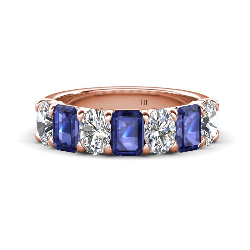 Zuwena 3.25 ctw Natural Diamond Oval Shape (6x4 mm) & Iolite Emerald Shape (6x4 mm) Seven Stone Wedding Band 