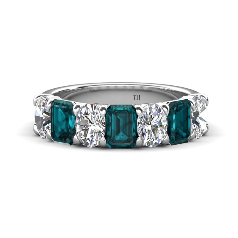 Zuwena 3.70 ctw Natural Diamond Oval Shape (6x4 mm) & London Blue Topaz Emerald Shape (6x4 mm) Seven Stone Wedding Band 