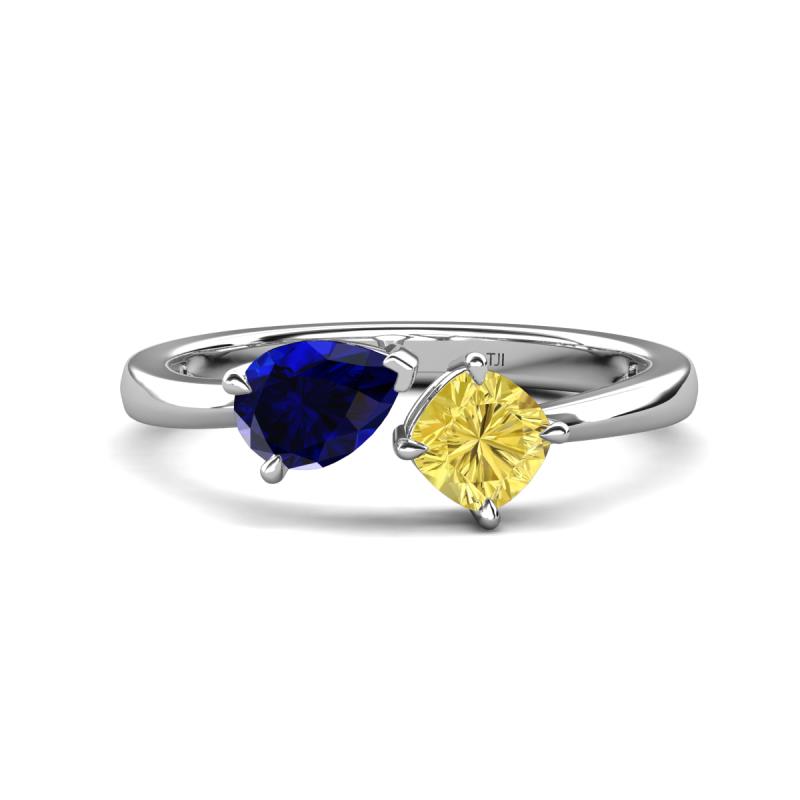 Lysha 1.71 ctw Blue Sapphire Pear Shape (7x5 mm) & Lab Created Yellow Sapphire Cushion Shape (5.00 mm) Toi Et Moi Engagement Ring 