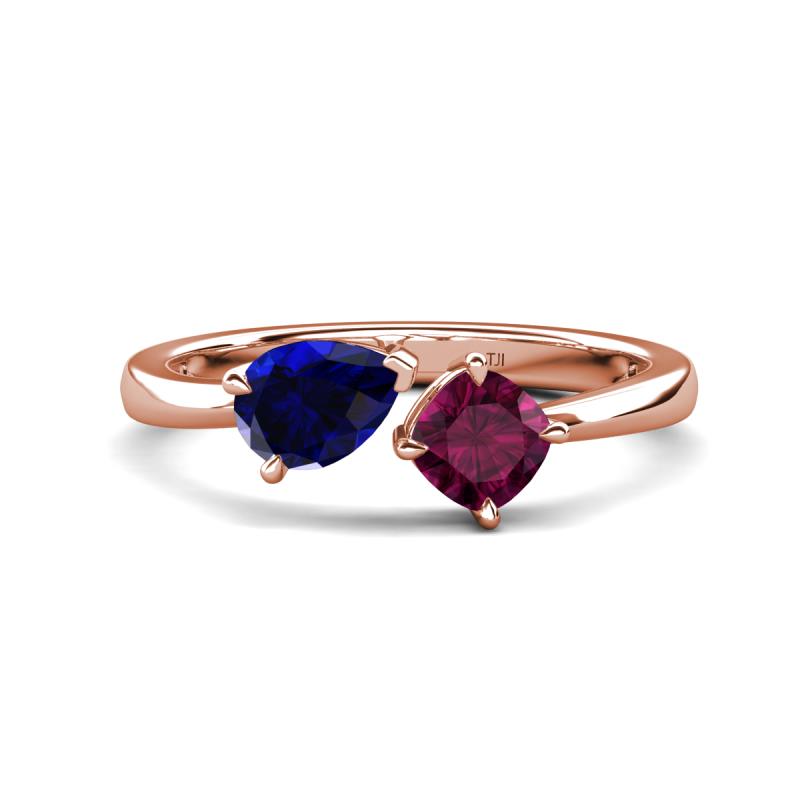 Lysha 1.52 ctw Blue Sapphire Pear Shape (7x5 mm) & Rhodolite Garnet Cushion Shape (5.00 mm) Toi Et Moi Engagement Ring 