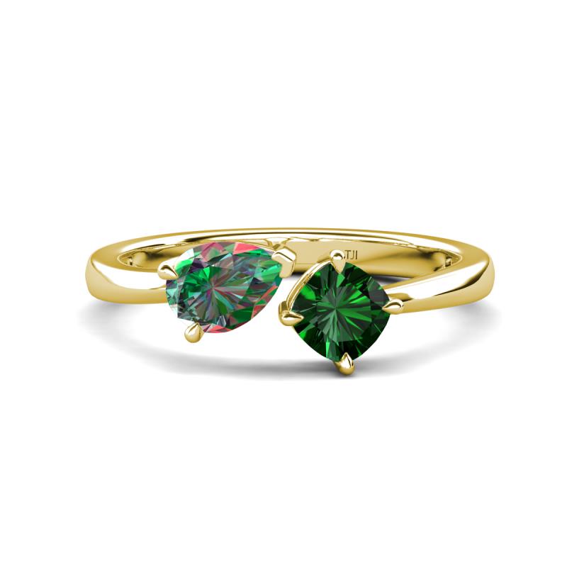 Lysha 1.41 ctw Lab Created Alexandrite Pear Shape (7x5 mm) & Lab Created Emerald Cushion Shape (5.00 mm) Toi Et Moi Engagement Ring 