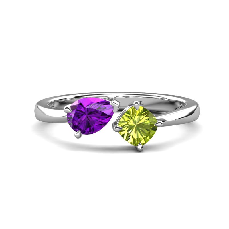 Lysha 1.30 ctw Amethyst Pear Shape (7x5 mm) & Peridot Cushion Shape (5.00 mm) Toi Et Moi Engagement Ring 