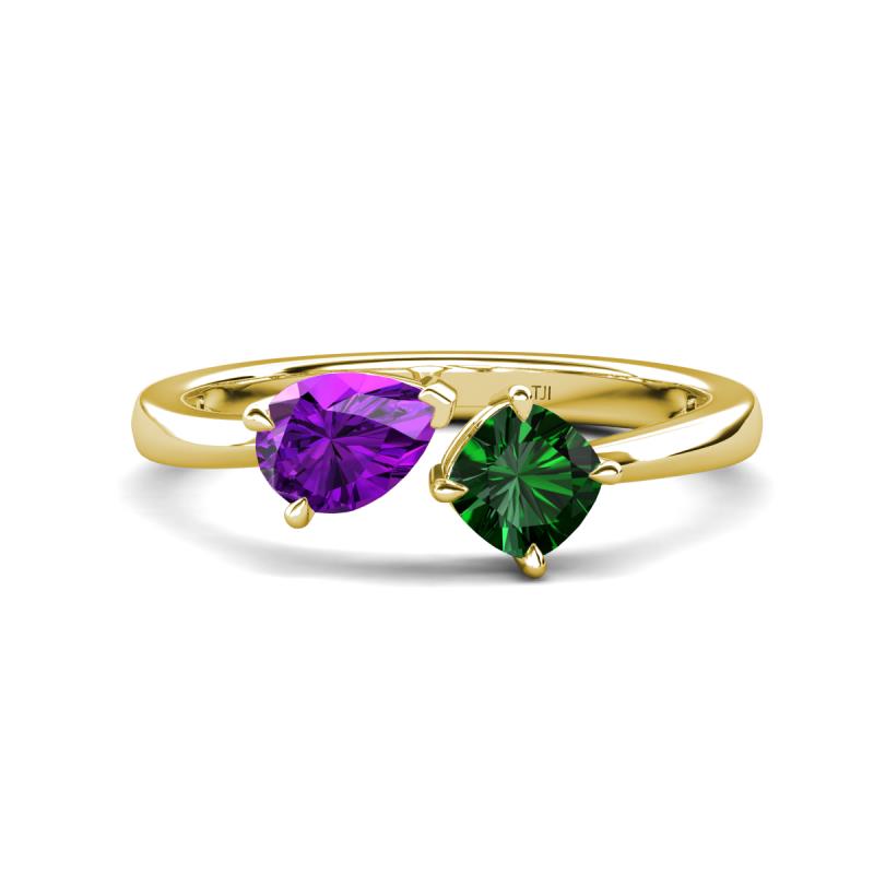Lysha 1.20 ctw Amethyst Pear Shape (7x5 mm) & Lab Created Emerald Cushion Shape (5.00 mm) Toi Et Moi Engagement Ring 