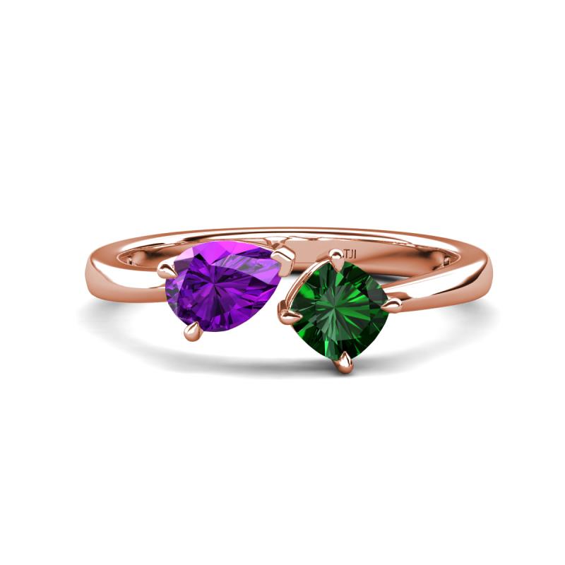 Lysha 1.20 ctw Amethyst Pear Shape (7x5 mm) & Lab Created Emerald Cushion Shape (5.00 mm) Toi Et Moi Engagement Ring 