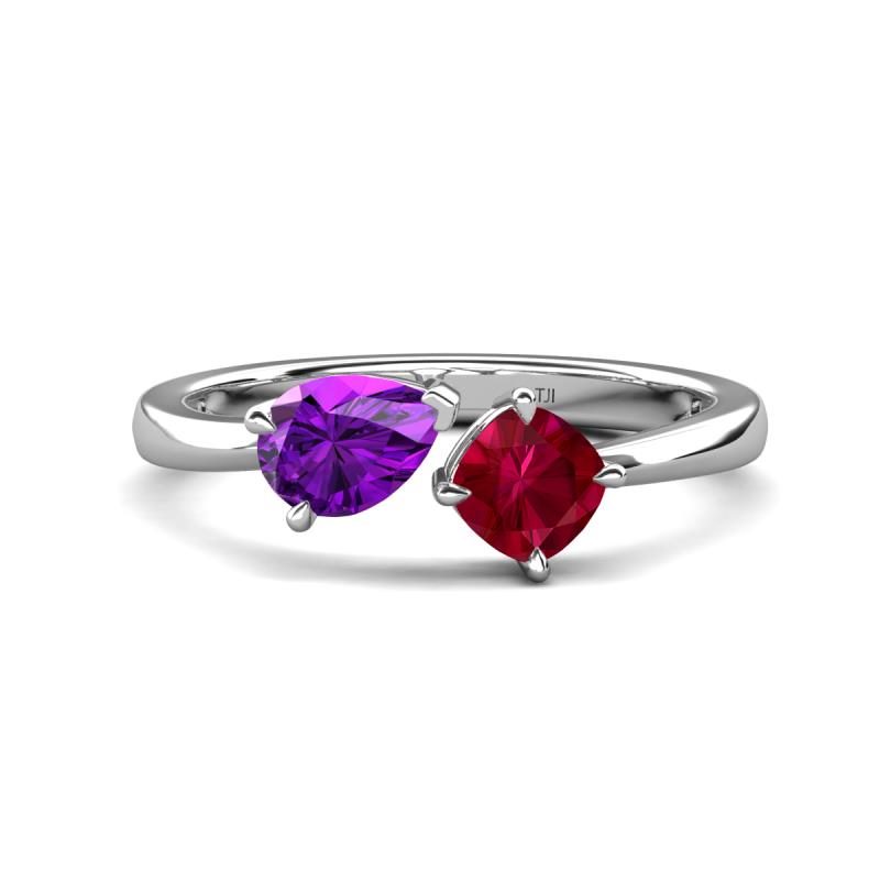 Lysha 1.46 ctw Amethyst Pear Shape (7x5 mm) & Lab Created Ruby Cushion Shape (5.00 mm) Toi Et Moi Engagement Ring 