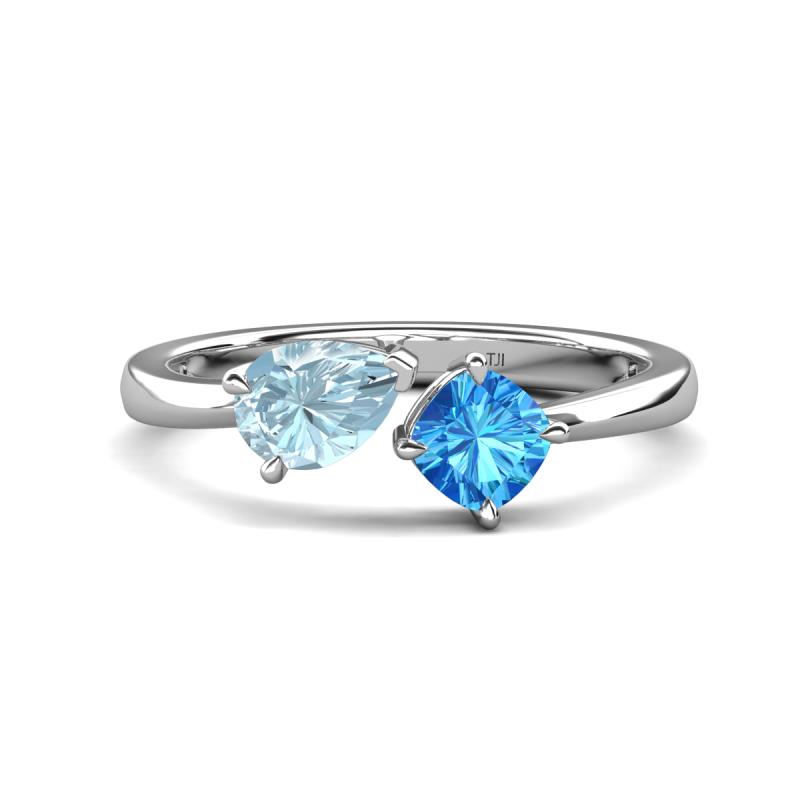 Lysha 1.35 ctw Aquamarine Pear Shape (7x5 mm) & Blue Topaz Cushion Shape (5.00 mm) Toi Et Moi Engagement Ring 
