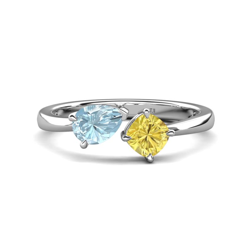 Lysha 1.41 ctw Aquamarine Pear Shape (7x5 mm) & Lab Created Yellow Sapphire Cushion Shape (5.00 mm) Toi Et Moi Engagement Ring 