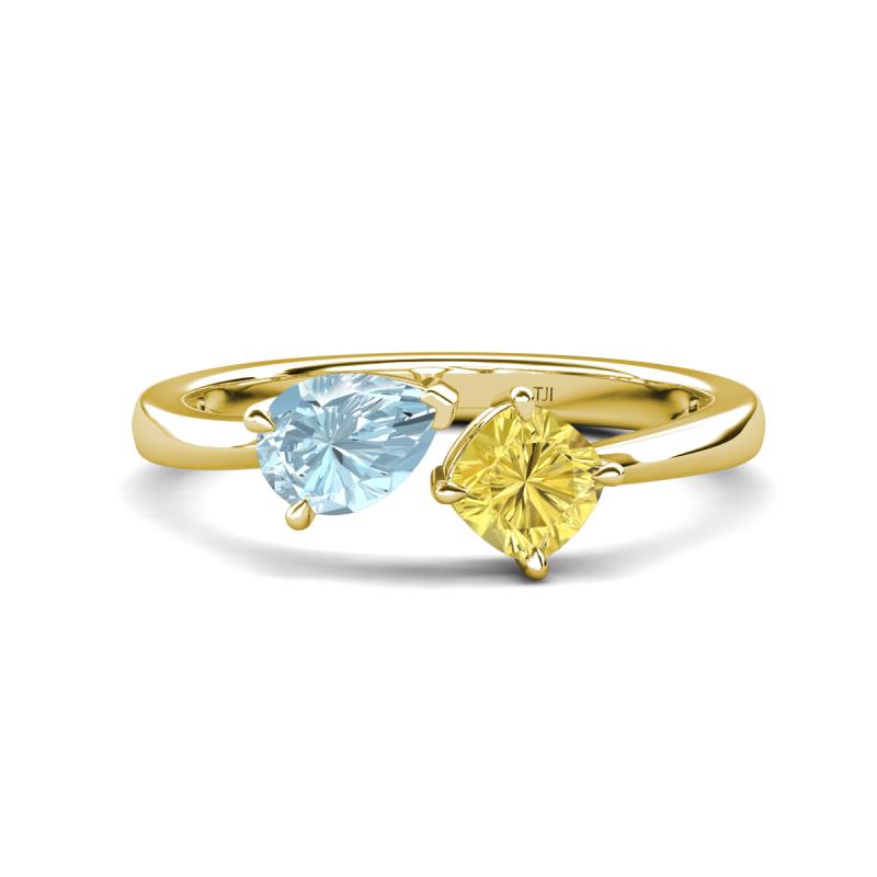 Lysha 1.41 ctw Aquamarine Pear Shape (7x5 mm) & Lab Created Yellow Sapphire Cushion Shape (5.00 mm) Toi Et Moi Engagement Ring 