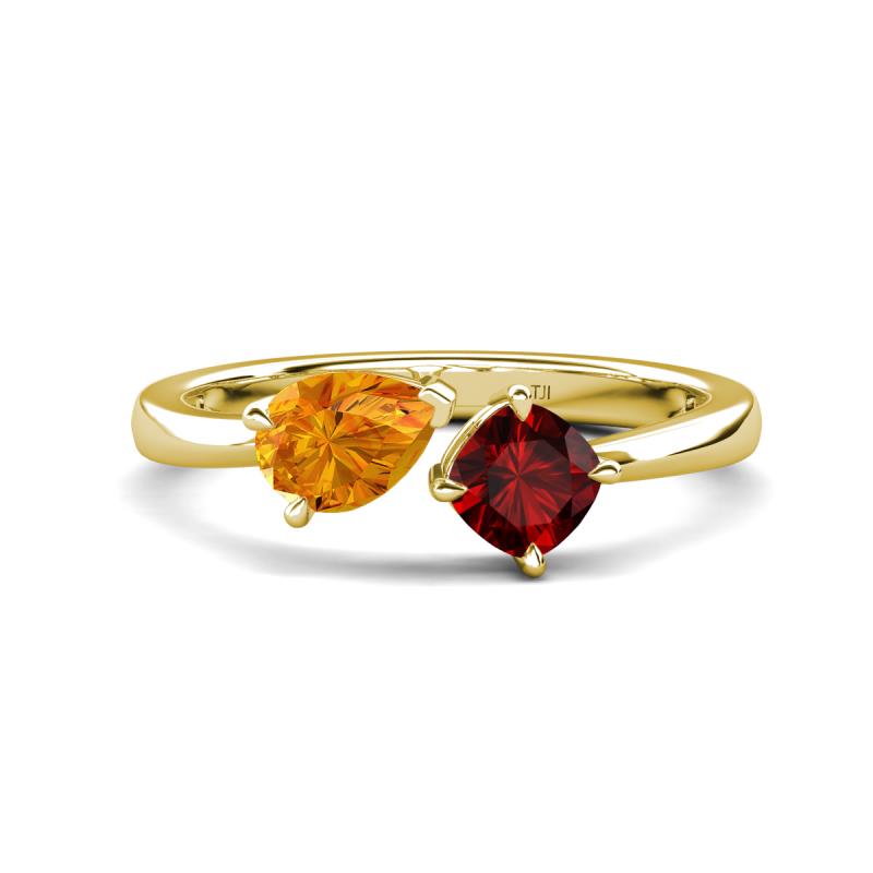 Lysha 1.40 ctw Citrine Pear Shape (7x5 mm) & Red Garnet Cushion Shape (5.00 mm) Toi Et Moi Engagement Ring 