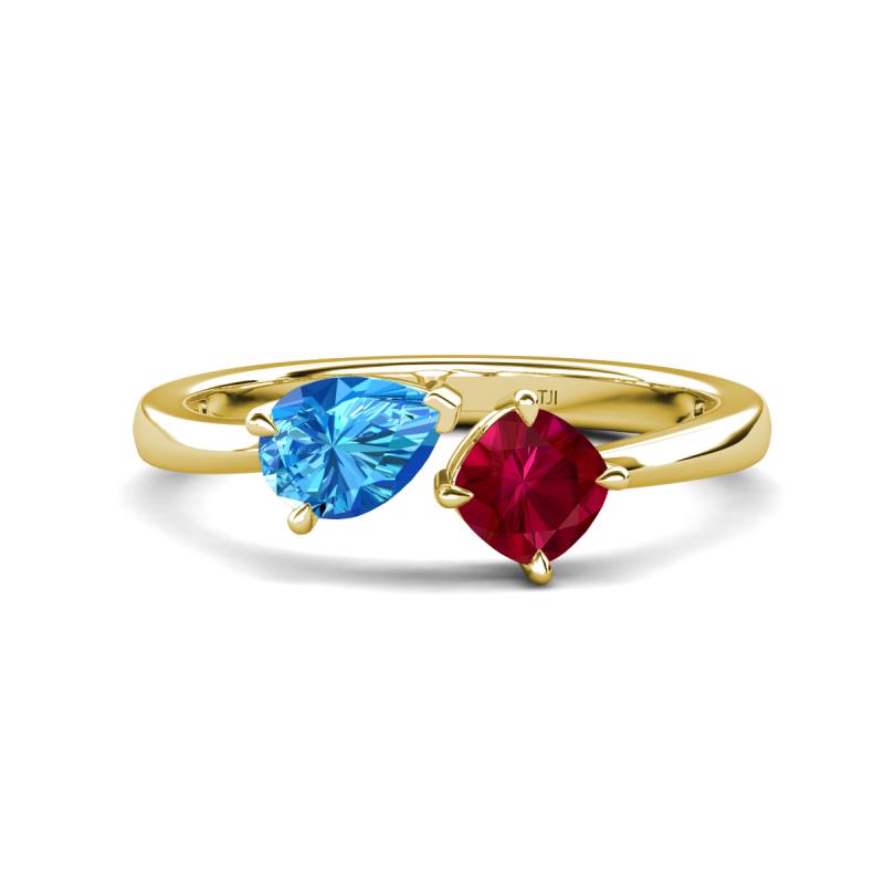 Lysha 1.66 ctw Blue Topaz Pear Shape (7x5 mm) & Lab Created Ruby Cushion Shape (5.00 mm) Toi Et Moi Engagement Ring 