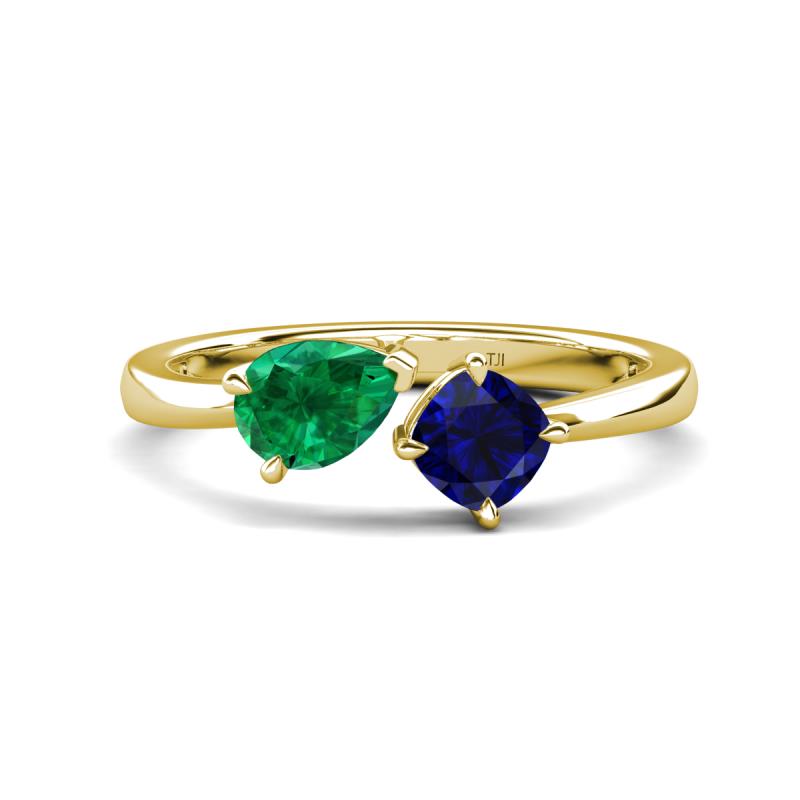 Lysha 1.61 ctw Emerald Pear Shape (7x5 mm) & Lab Created Blue Sapphire Cushion Shape (5.00 mm) Toi Et Moi Engagement Ring 