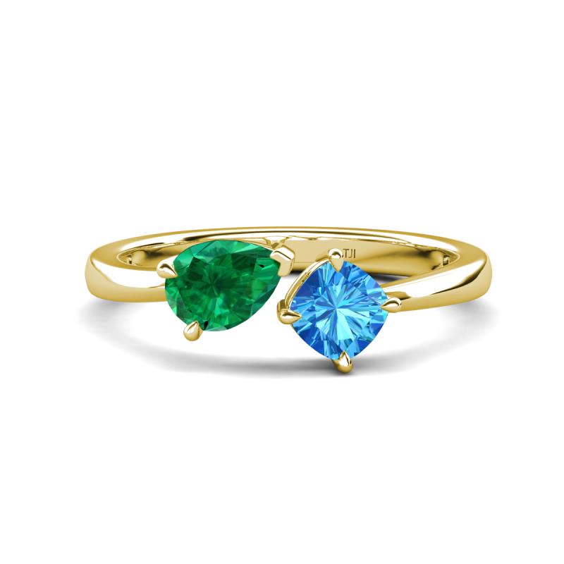 Lysha 1.55 ctw Emerald Pear Shape (7x5 mm) & Blue Topaz Cushion Shape (5.00 mm) Toi Et Moi Engagement Ring 