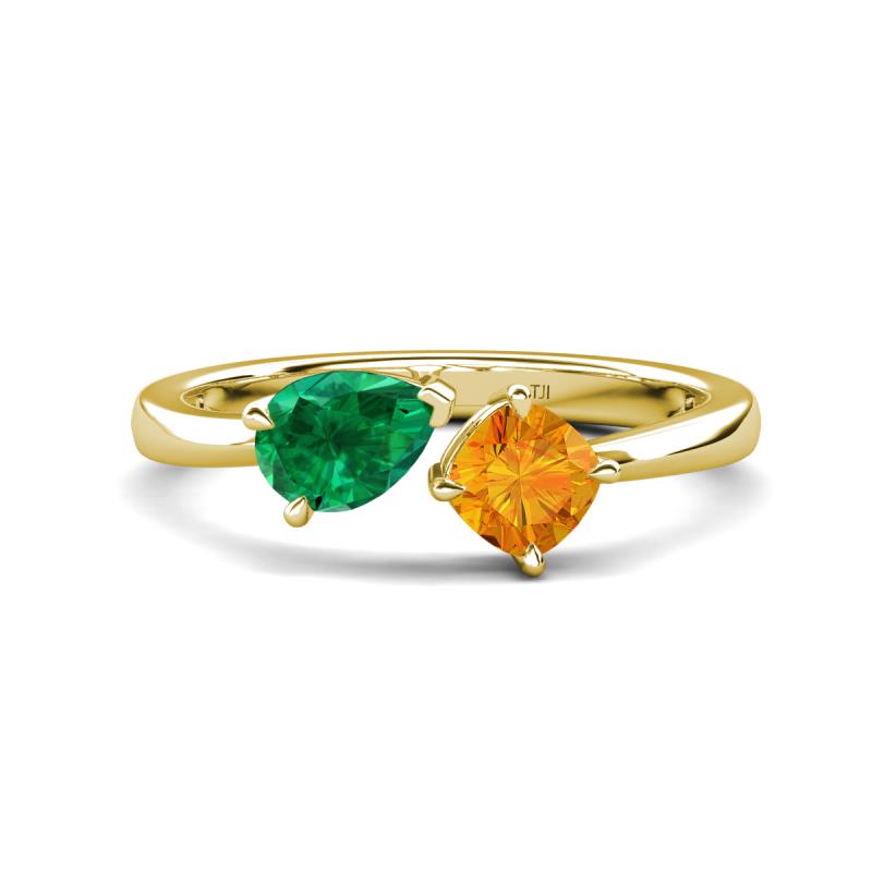 Lysha 1.30 ctw Emerald Pear Shape (7x5 mm) & Citrine Cushion Shape (5.00 mm) Toi Et Moi Engagement Ring 