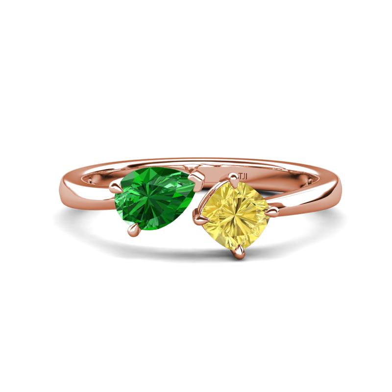 Lysha 1.61 ctw Green Garnet Pear Shape (7x5 mm) & Lab Created Yellow Sapphire Cushion Shape (5.00 mm) Toi Et Moi Engagement Ring 
