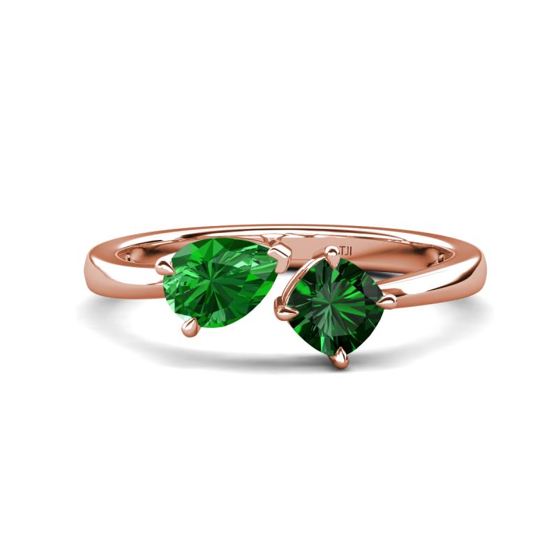 Lysha 1.35 ctw Green Garnet Pear Shape (7x5 mm) & Lab Created Emerald Cushion Shape (5.00 mm) Toi Et Moi Engagement Ring 