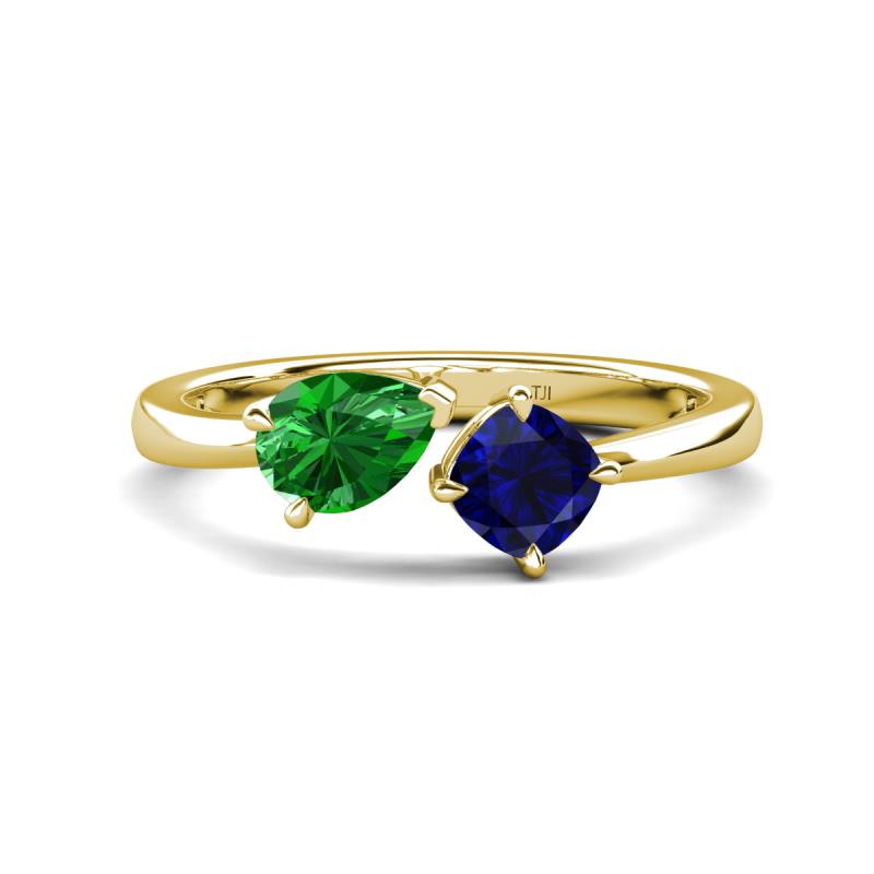 Lysha 1.61 ctw Green Garnet Pear Shape (7x5 mm) & Lab Created Blue Sapphire Cushion Shape (5.00 mm) Toi Et Moi Engagement Ring 