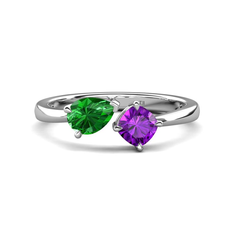 Lysha 1.30 ctw Green Garnet Pear Shape (7x5 mm) & Amethyst Cushion Shape (5.00 mm) Toi Et Moi Engagement Ring 