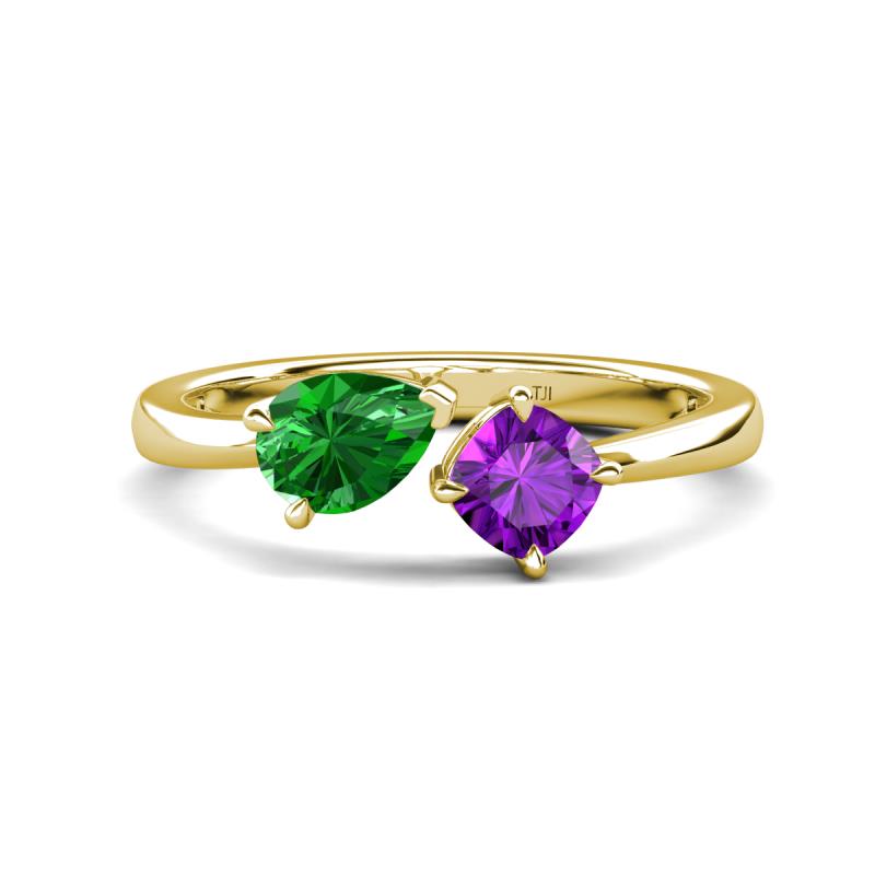 Lysha 1.30 ctw Green Garnet Pear Shape (7x5 mm) & Amethyst Cushion Shape (5.00 mm) Toi Et Moi Engagement Ring 