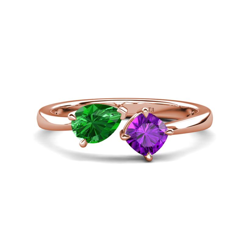 Lysha 1.30 ctw Green Garnet Pear Shape (7x5 mm) & Amethyst Cushion Shape (5.00 mm) Toi Et Moi Engagement Ring 