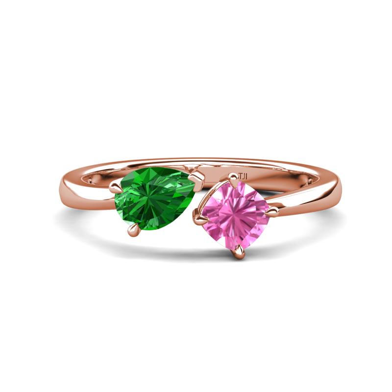 Lysha 1.61 ctw Green Garnet Pear Shape (7x5 mm) & Lab Created Pink Sapphire Cushion Shape (5.00 mm) Toi Et Moi Engagement Ring 