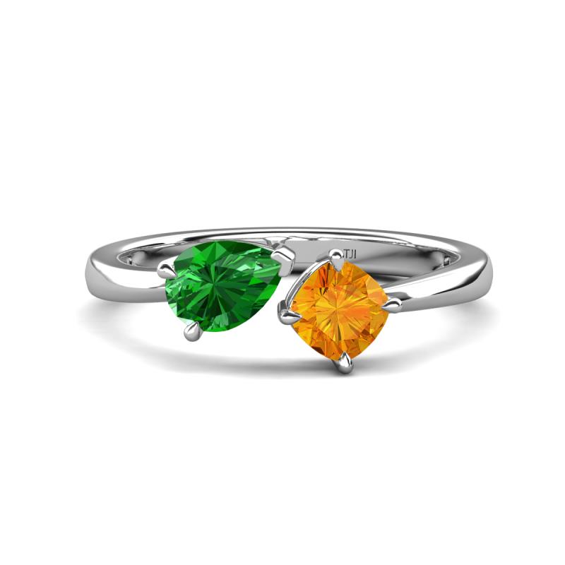 Lysha 1.30 ctw Green Garnet Pear Shape (7x5 mm) & Citrine Cushion Shape (5.00 mm) Toi Et Moi Engagement Ring 