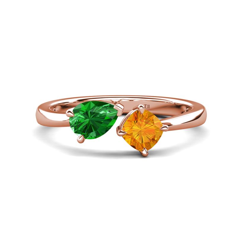 Lysha 1.30 ctw Green Garnet Pear Shape (7x5 mm) & Citrine Cushion Shape (5.00 mm) Toi Et Moi Engagement Ring 