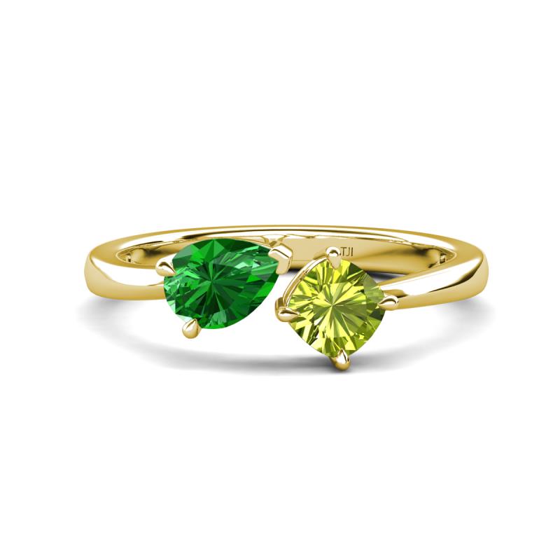 Lysha 1.45 ctw Green Garnet Pear Shape (7x5 mm) & Peridot Cushion Shape (5.00 mm) Toi Et Moi Engagement Ring 