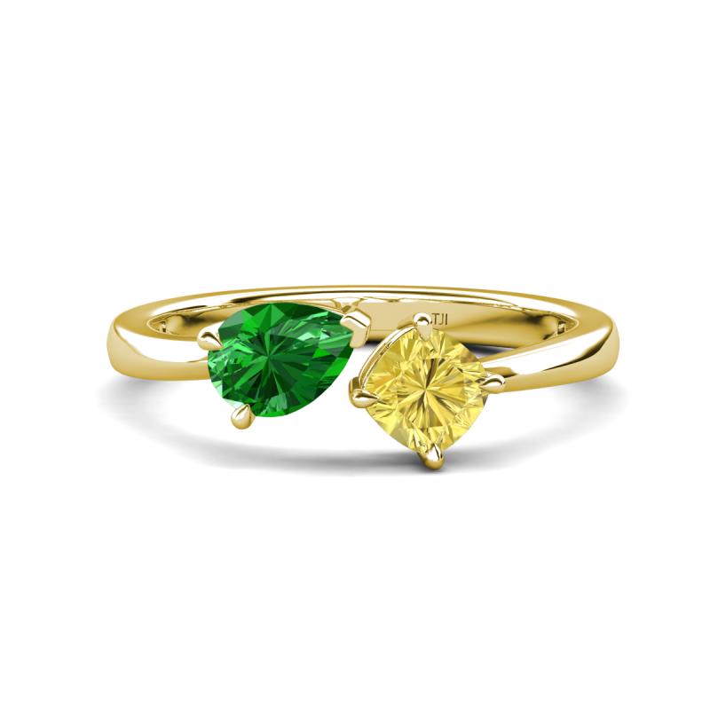 Lysha 1.61 ctw Green Garnet Pear Shape (7x5 mm) & Lab Created Yellow Sapphire Cushion Shape (5.00 mm) Toi Et Moi Engagement Ring 