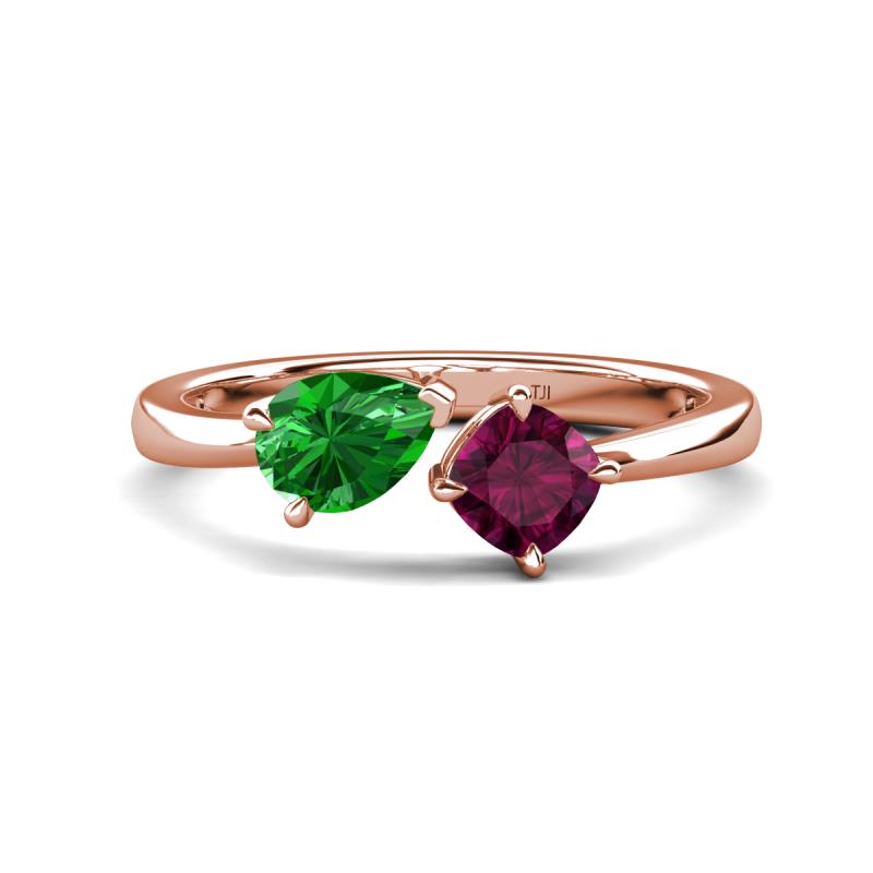 Lysha 1.42 ctw Green Garnet Pear Shape (7x5 mm) & Rhodolite Garnet Cushion Shape (5.00 mm) Toi Et Moi Engagement Ring 